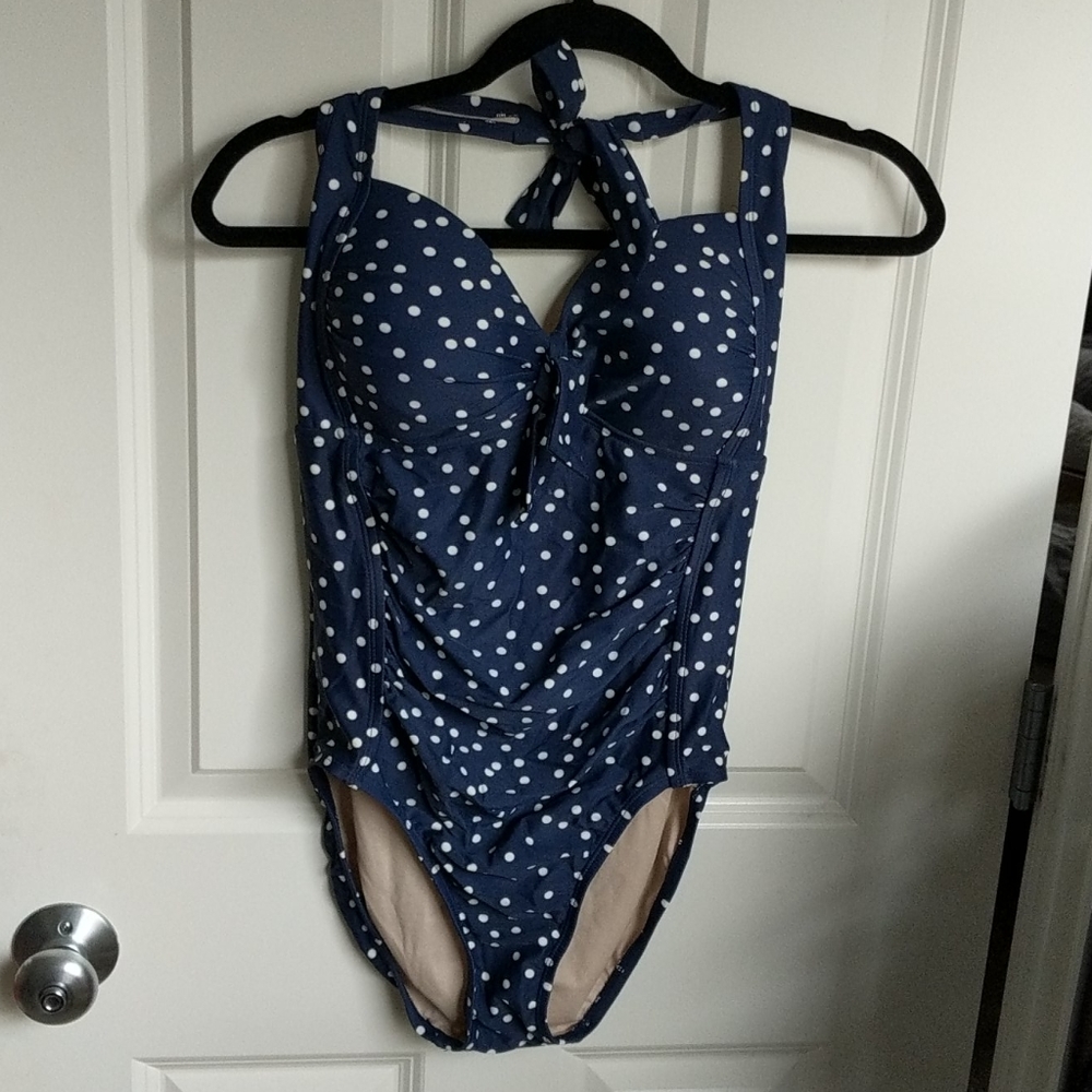 Navy polka dot one piece swim suit